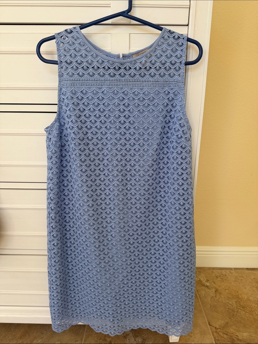 Loft Eyelet Shift Dress 12 Petite Lined Midi Sleeveless Back Zip Light Blue